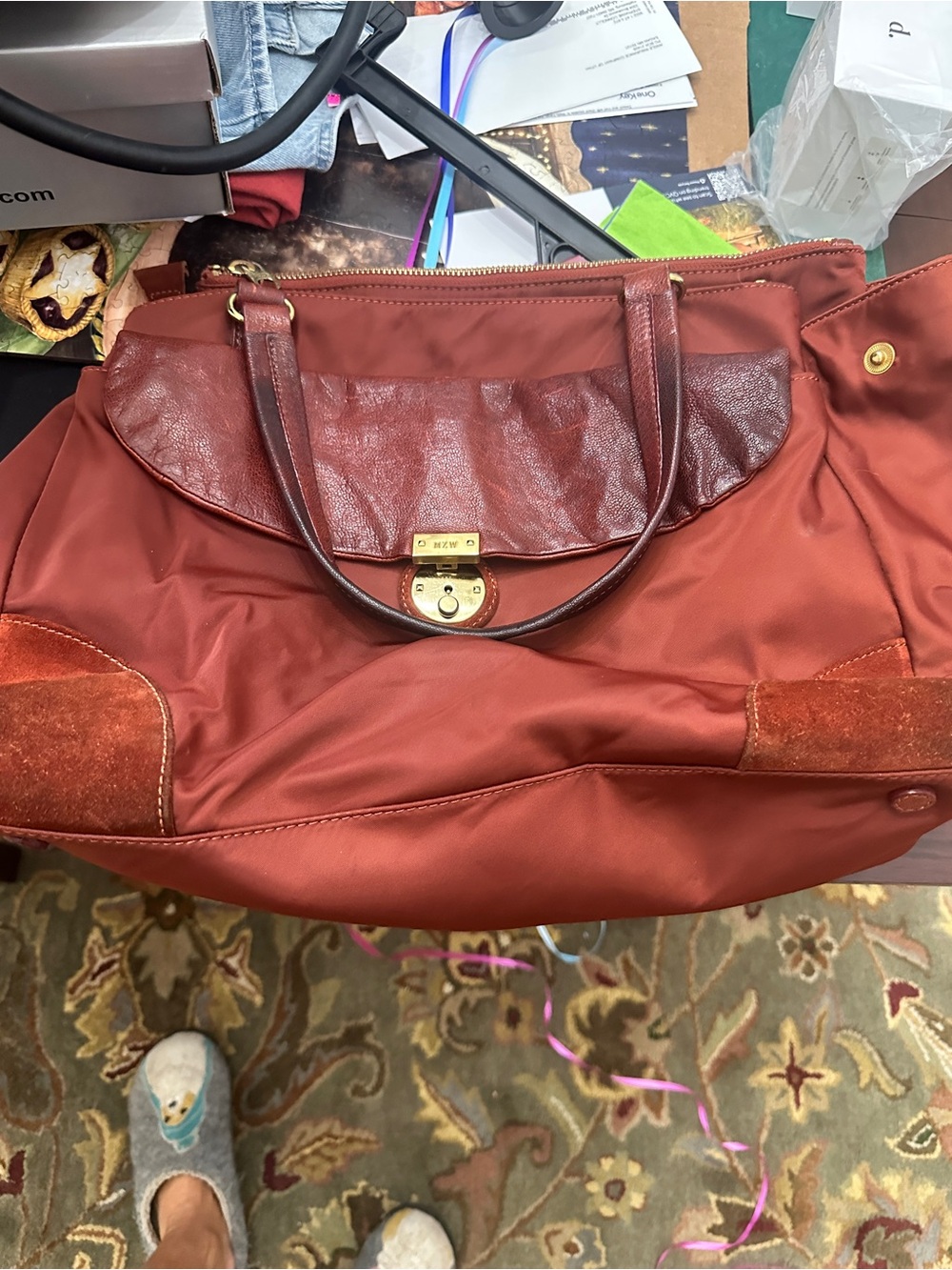 MZ Wallace Rust Red Tote with Leather Trim & Gold Hardware